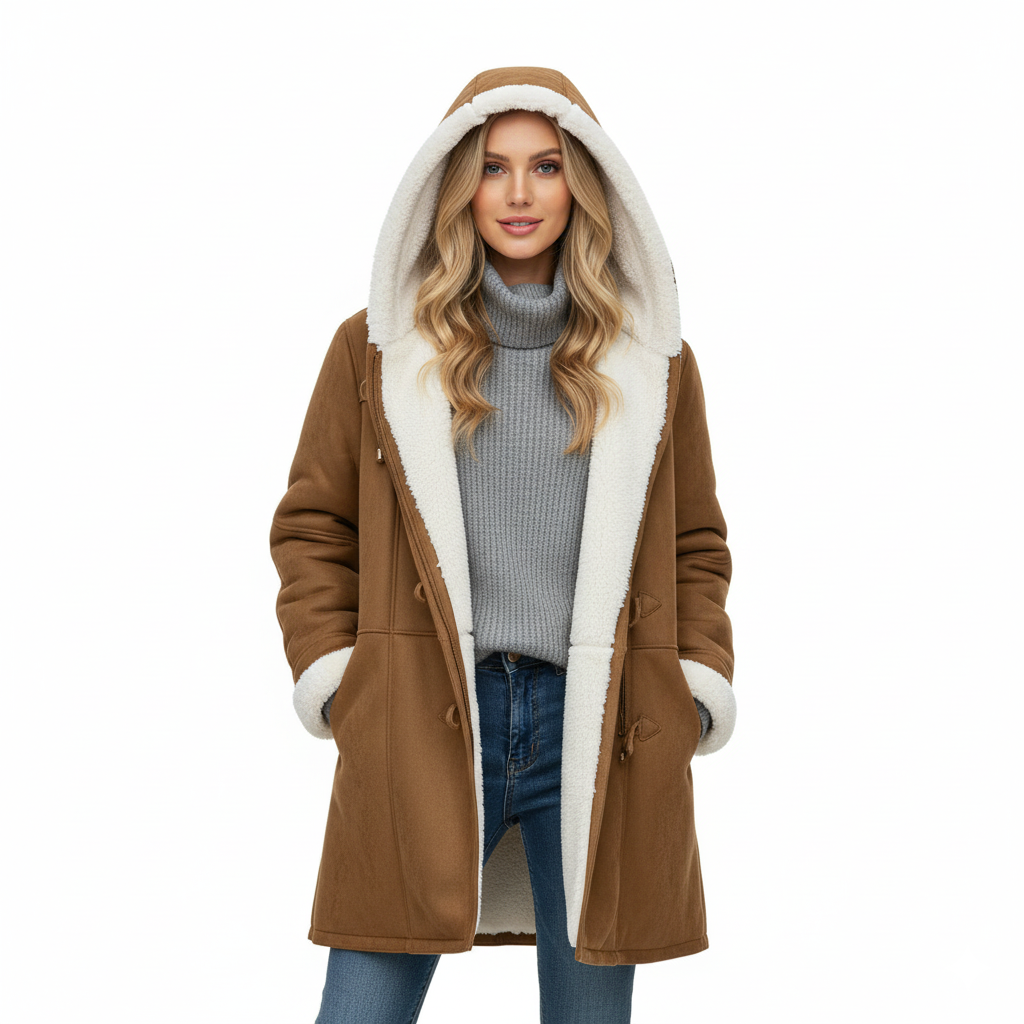 Hooded toggle coat with plush lining in brown, front view