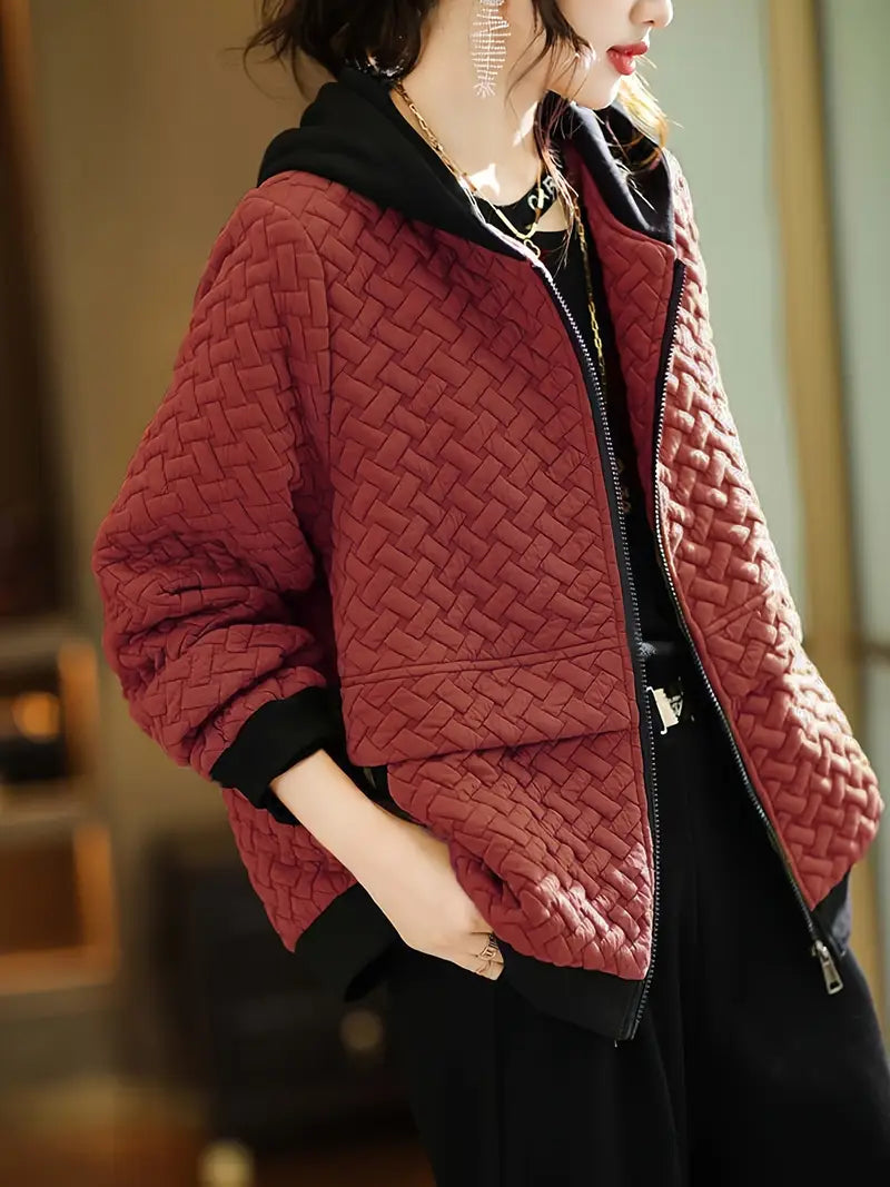 Quilted Hoodie Basketweave Pattern Zip Front