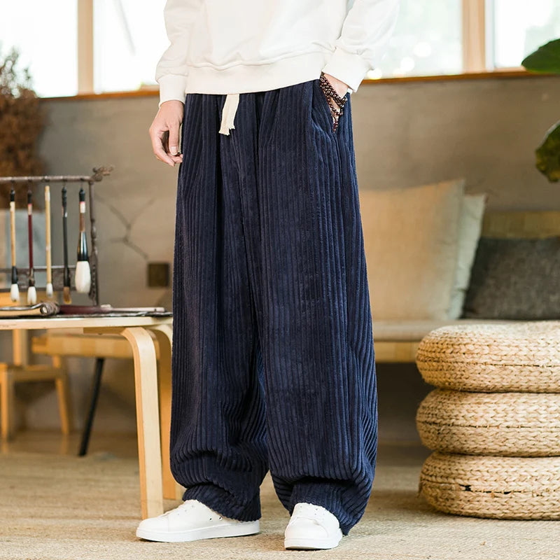 Wide Leg Trousers Corduroy Drawstring Waist
