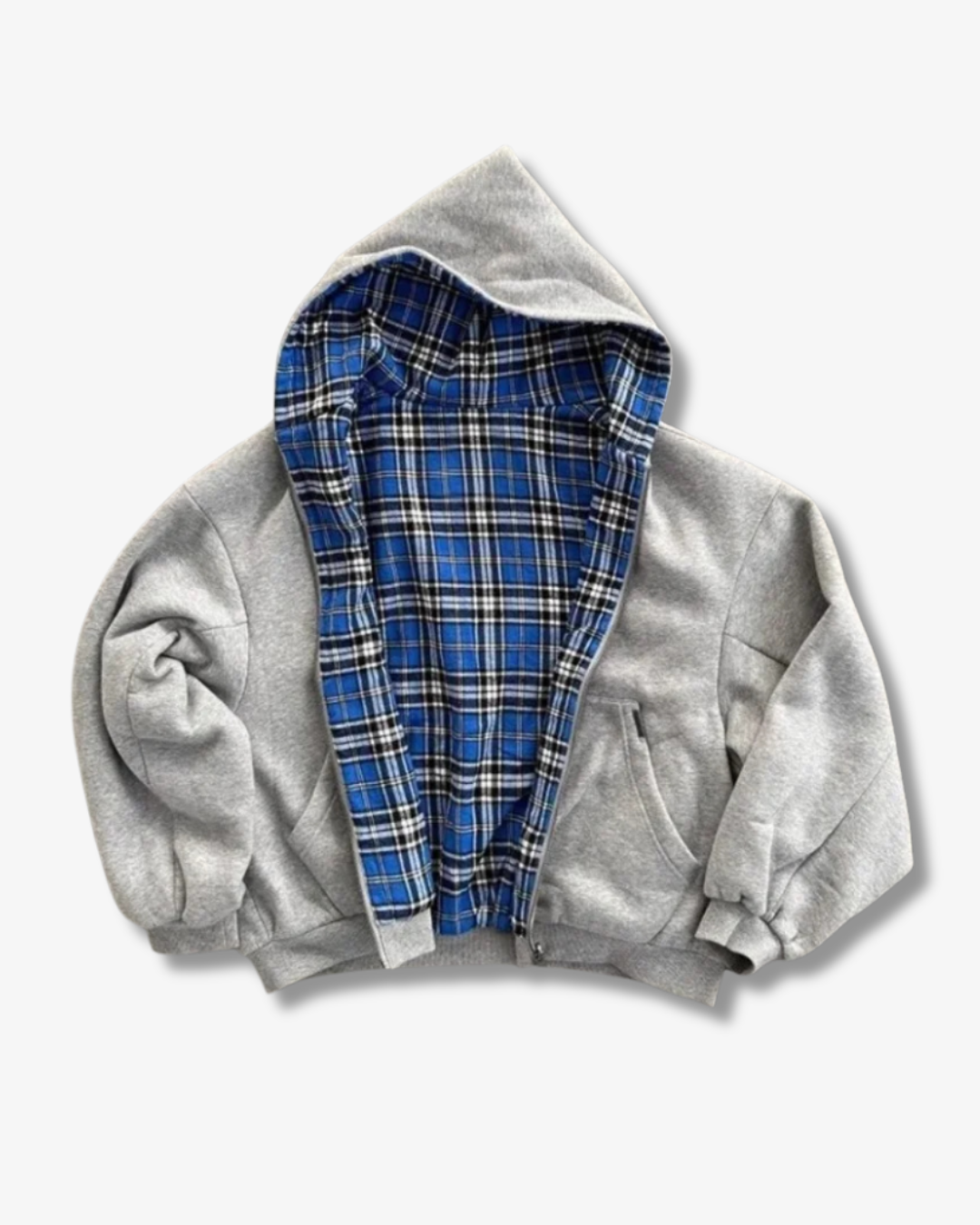 Reversible soft fleece hoodie in grey, front view