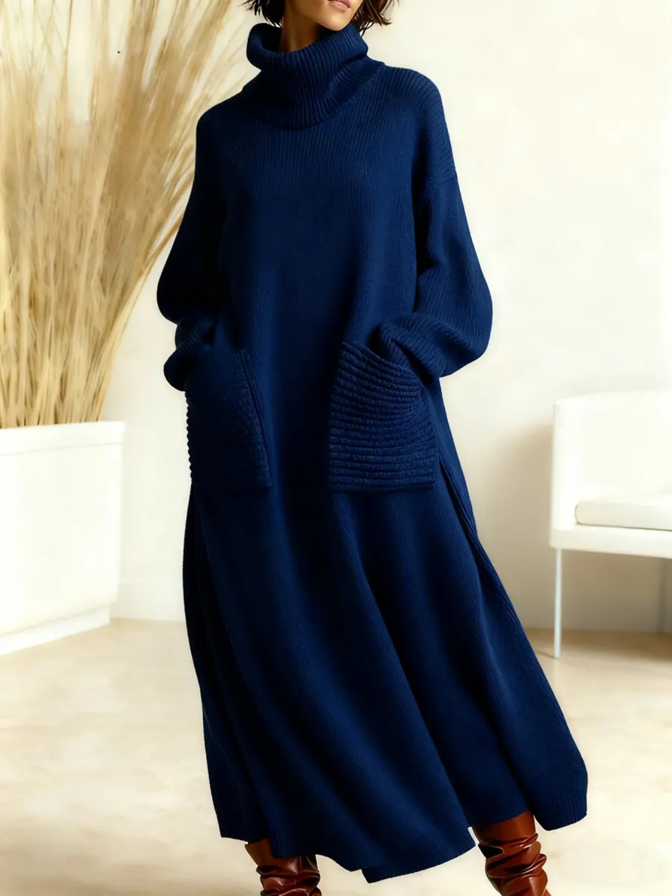 Knit Maxi Dress High Neck Pockets