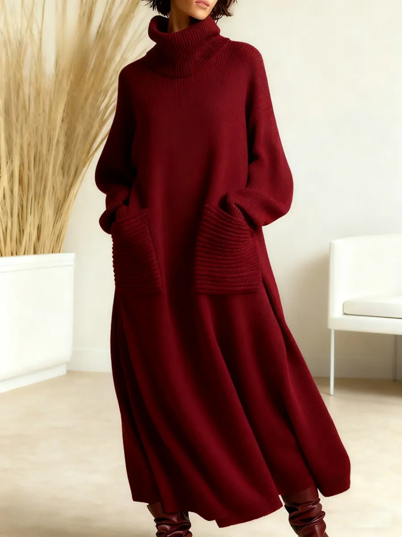 Knit Maxi Dress High Neck Pockets