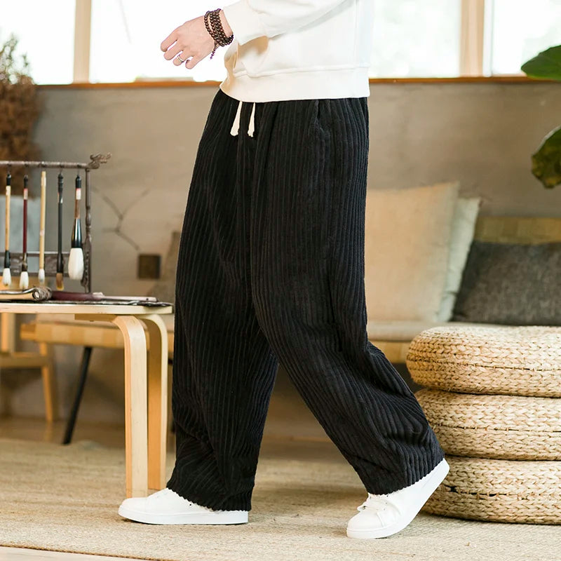 Wide Leg Trousers Corduroy Drawstring Waist
