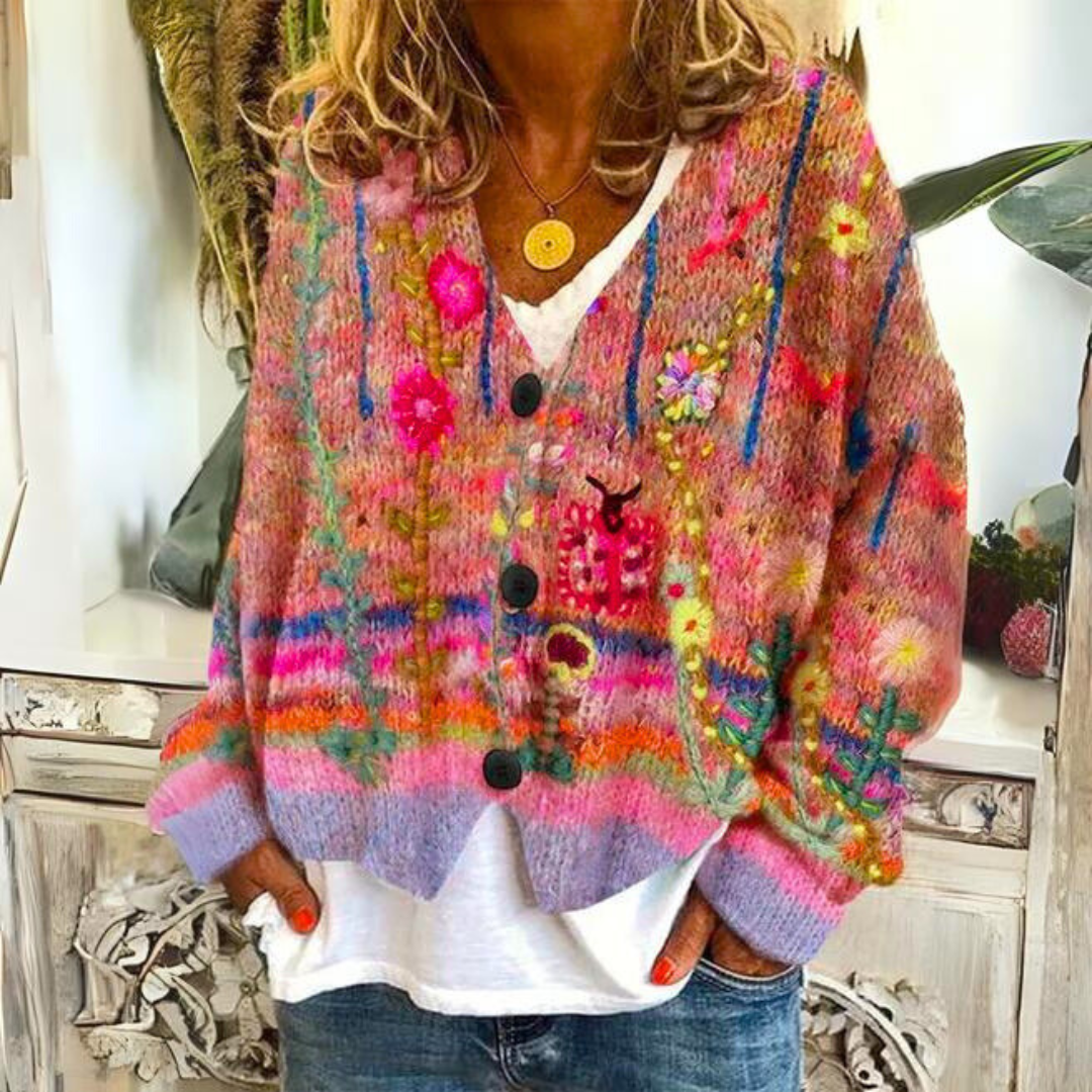 Floral Embroidered Cardigan Relaxed Knit