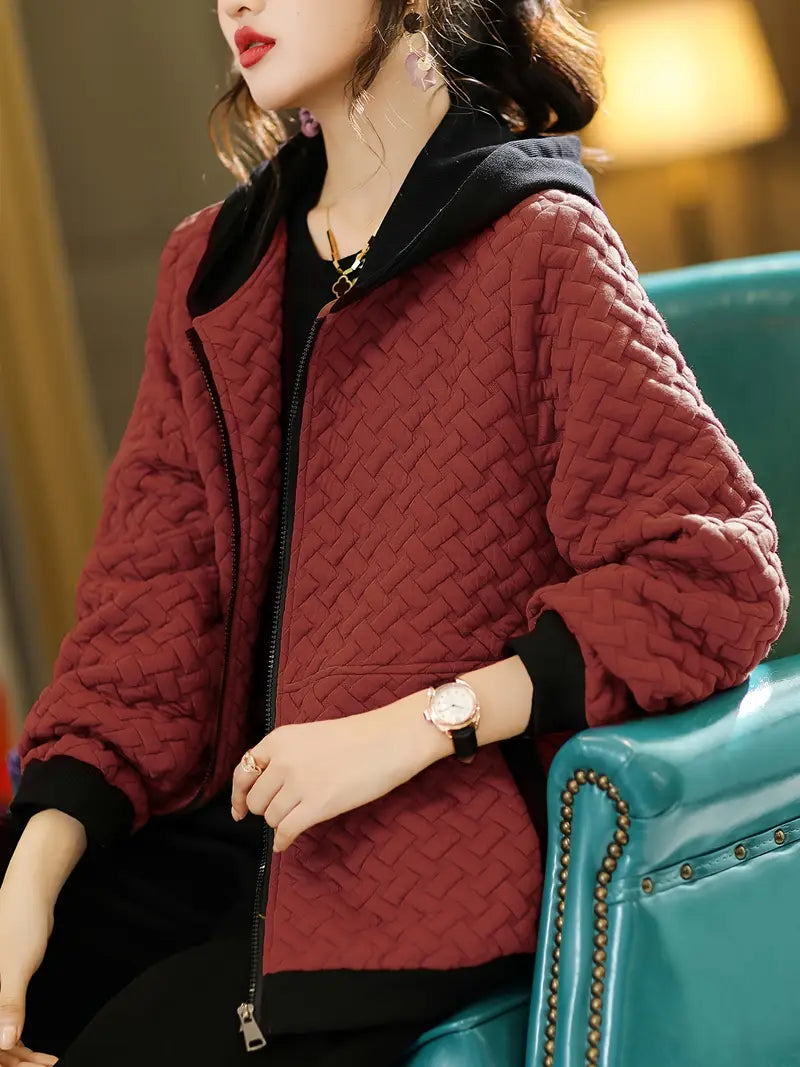 Quilted Hoodie Basketweave Pattern Zip Front