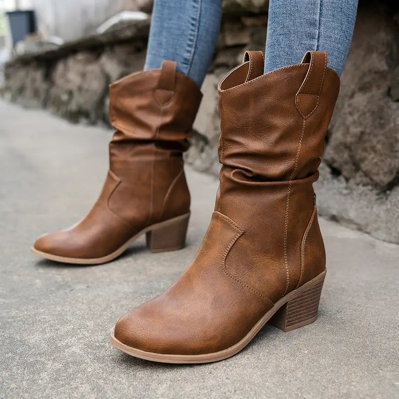 Western Boots Slouchy Mid-Calf Block Heel