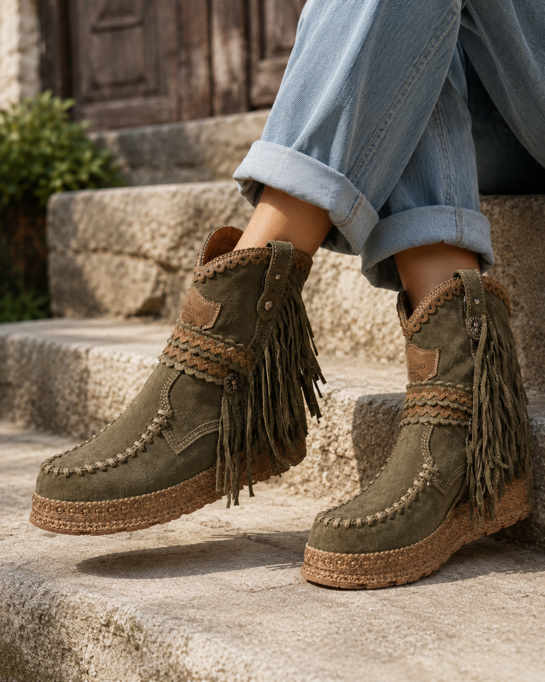 Suede-look western boots with fringe in white, side view