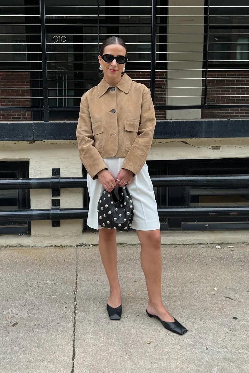 Suede-Look Jacket Shirt Collar Patch Pockets