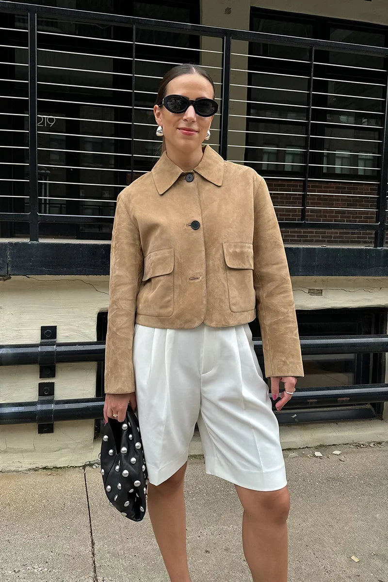 Suede-Look Jacket Shirt Collar Patch Pockets