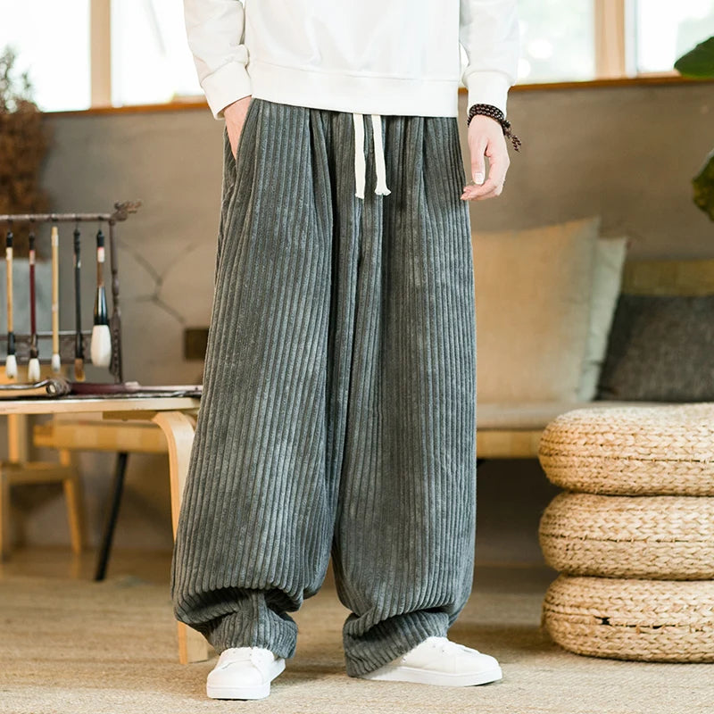 Wide Leg Trousers Corduroy Drawstring Waist