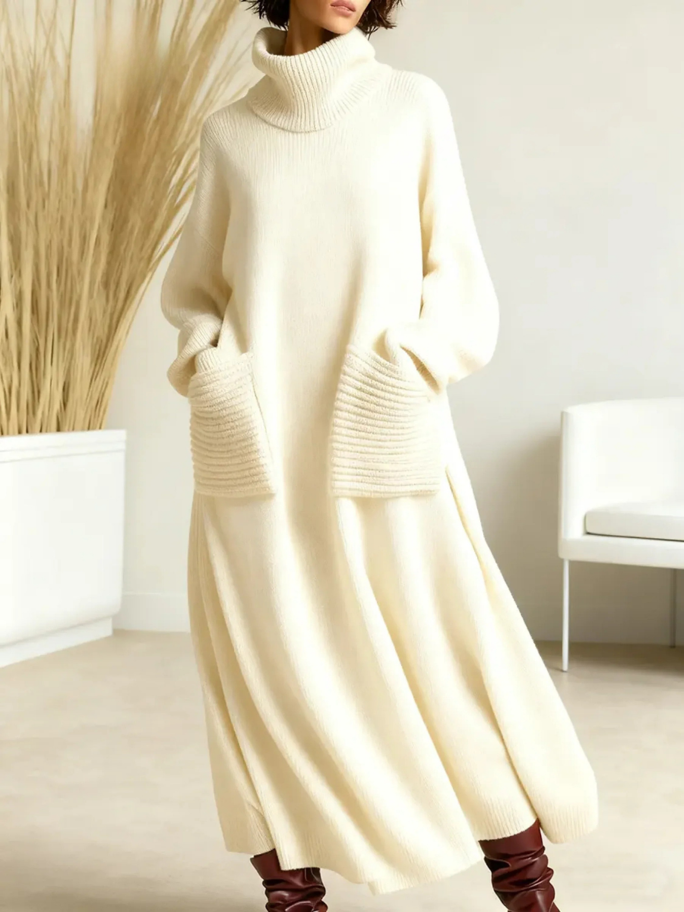 Knit Maxi Dress High Neck Pockets