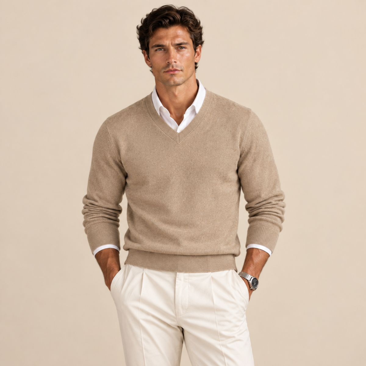 V-Neck Jumper Fine Knit Tailored in beige, front view