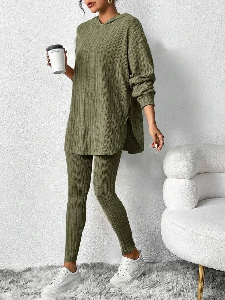 Lounge Set Ribbed Knit Hooded Two Piece