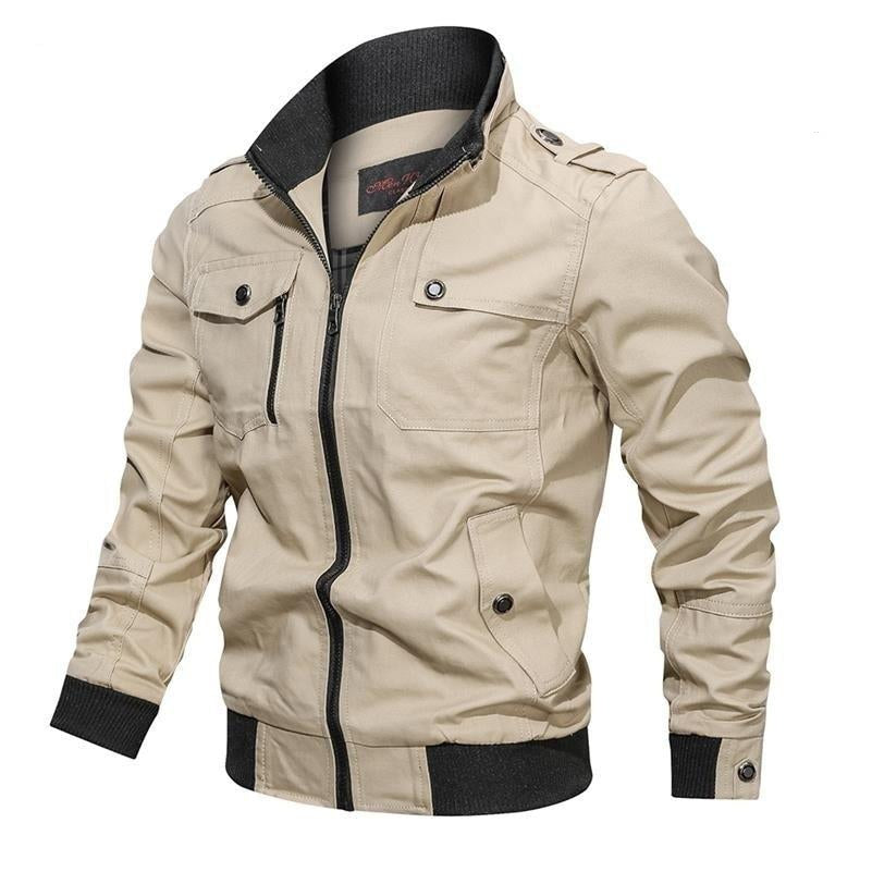 Multi pocket zip jacket in khaki, front view