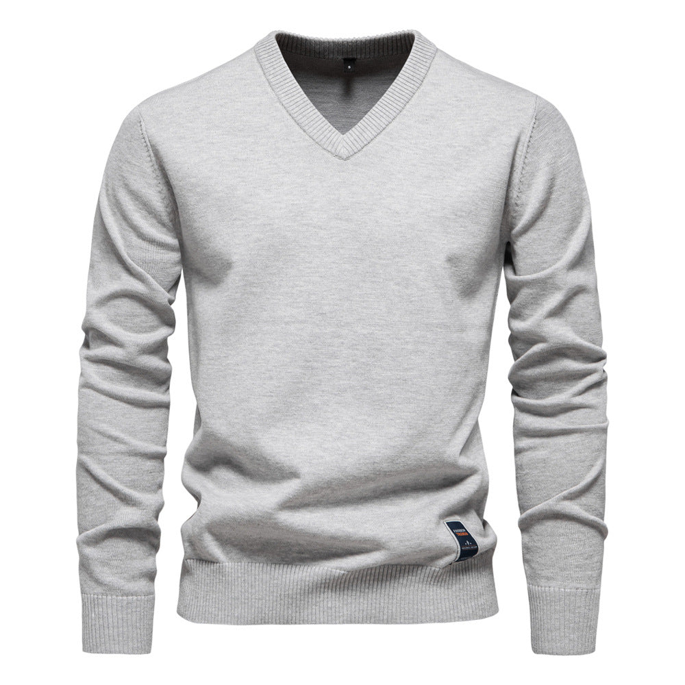 Classic V neck cotton blend jumper in navy, front view