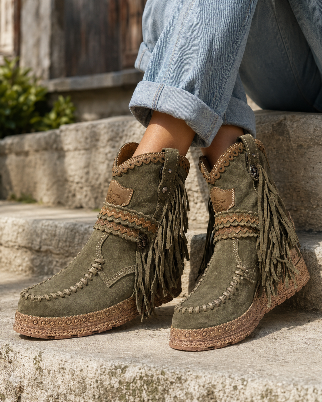 Western Boots Fringe Suede-Look