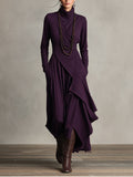 Elegant draped long sleeve dress in purple, front view