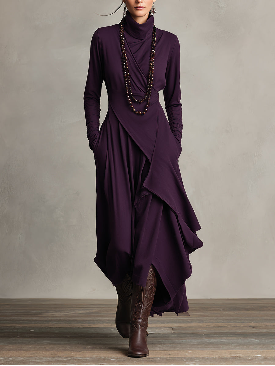 Elegant draped long sleeve dress in purple, front view