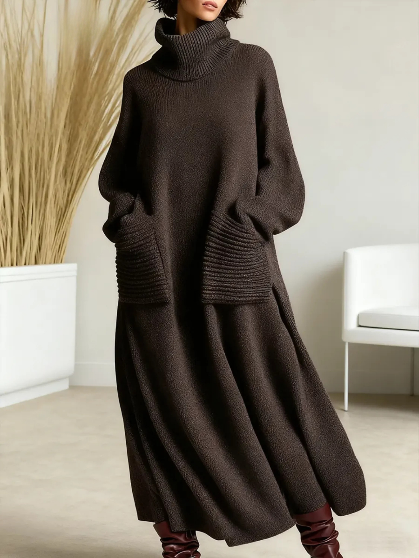 Knit maxi dress with high neck and long sleeves in coffee, front view