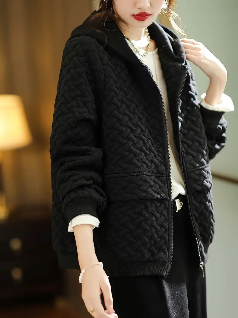 Quilted Hoodie Basketweave Pattern Zip Front