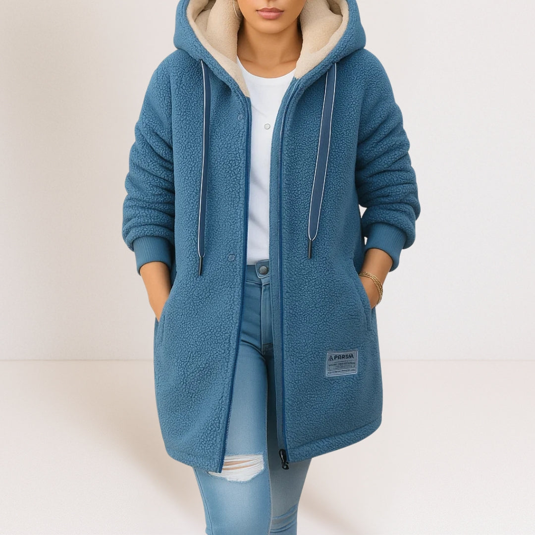 Soft pile fleece jacket with full zip in blue, front view