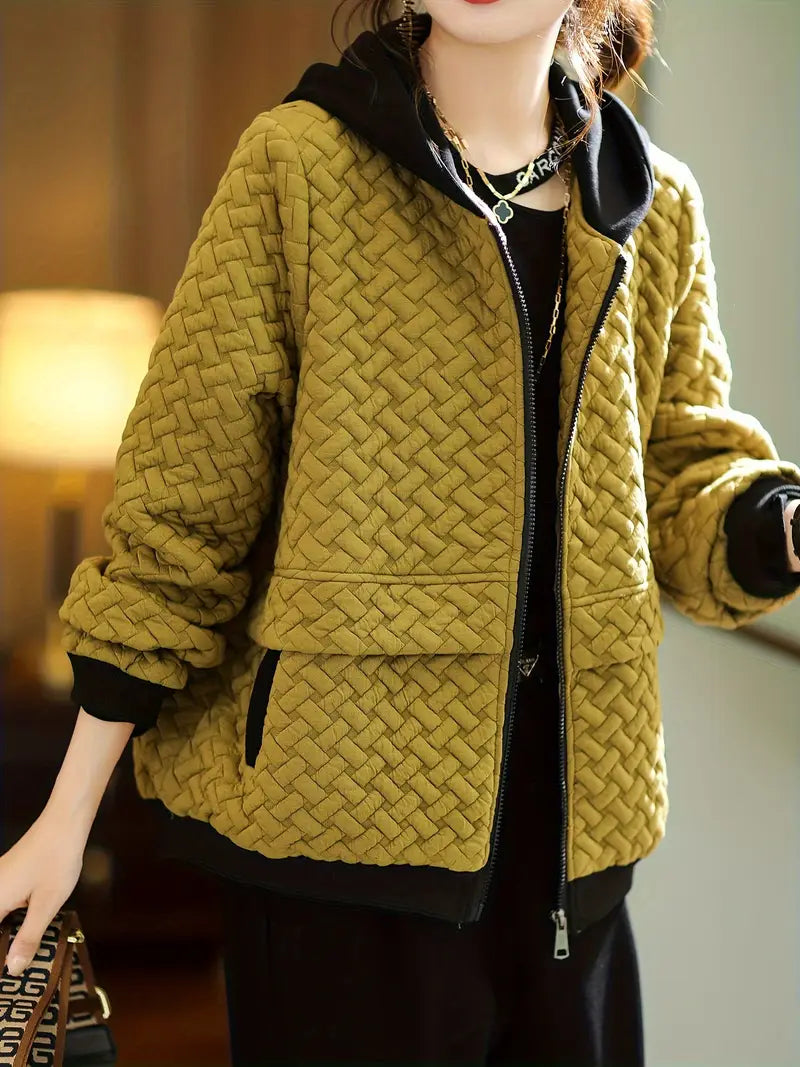 Quilted Hoodie Basketweave Pattern Zip Front