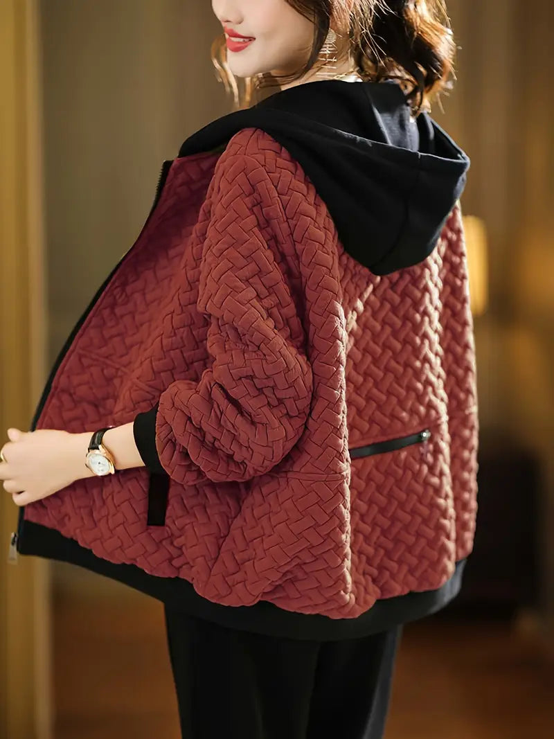 Quilted Hoodie Basketweave Pattern Zip Front