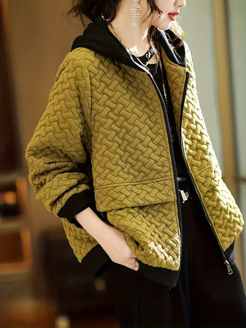 Quilted Hoodie Basketweave Pattern Zip Front