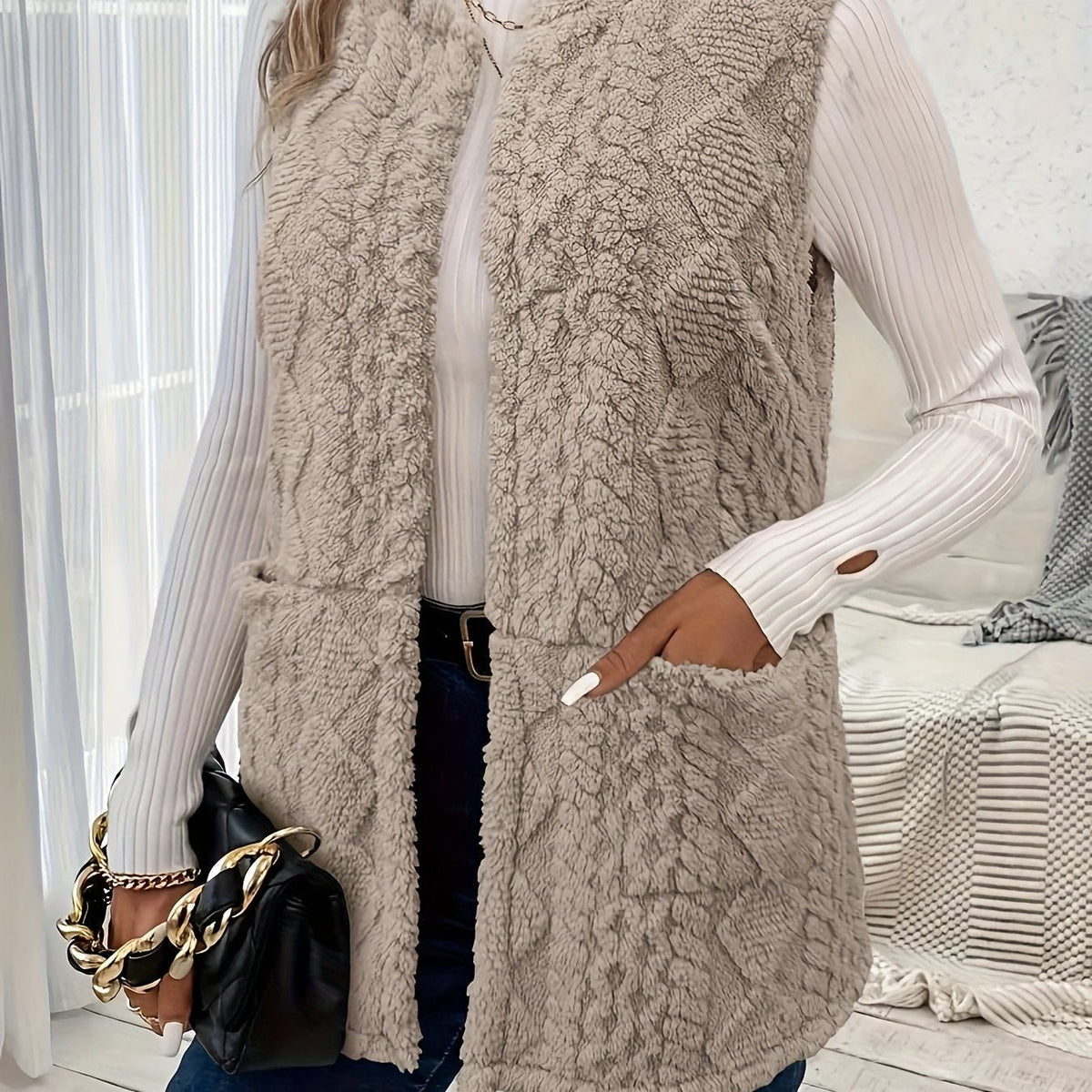 Longline Sleeveless Vest Textured Open Front