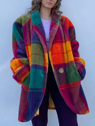 Oversized long plaid winter coat, front view