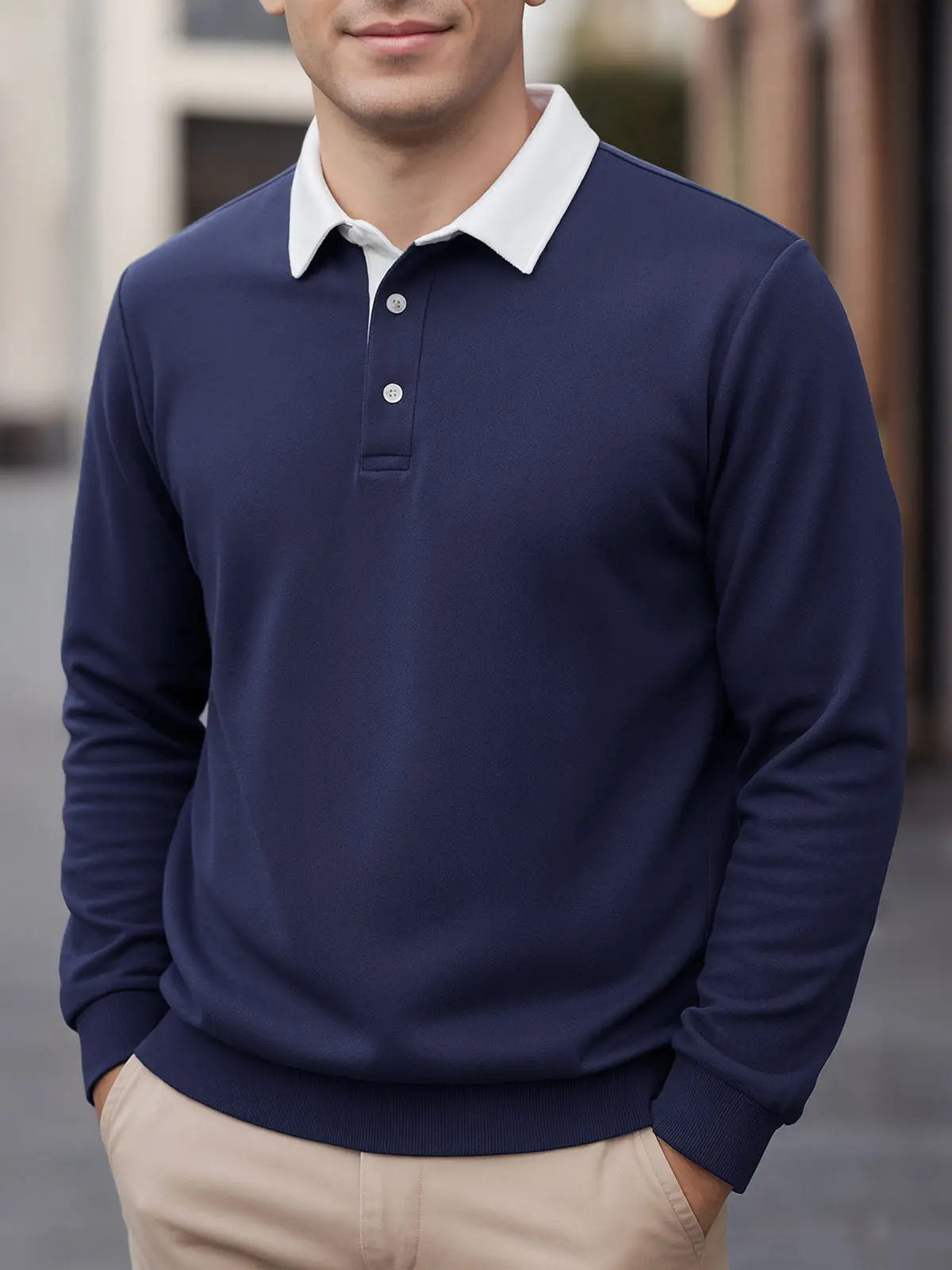 Sweatshirt Polo Collar Button Placket Cotton