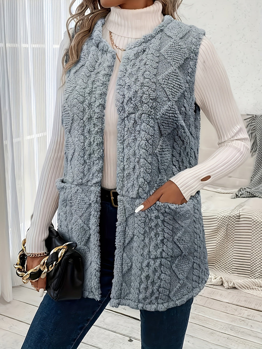 Longline Sleeveless Vest Textured Open Front