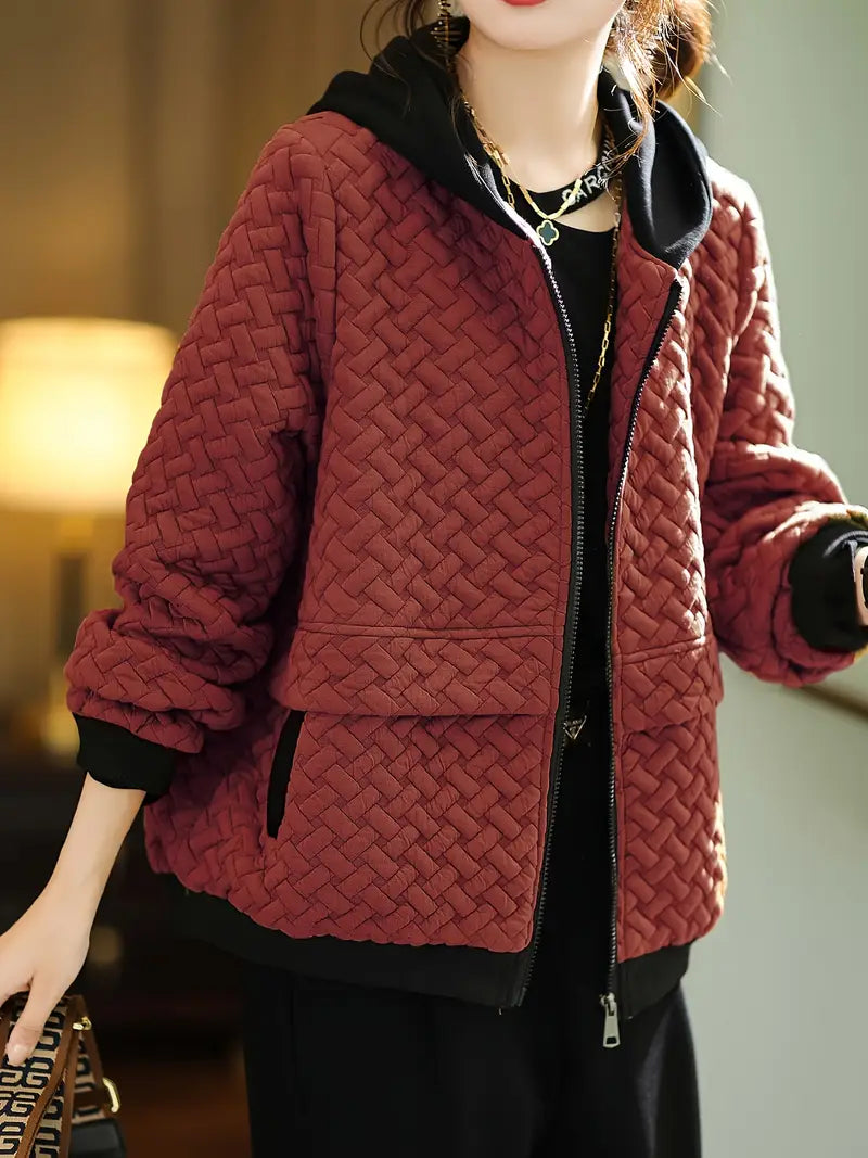 Quilted Hoodie Basketweave Pattern Zip Front