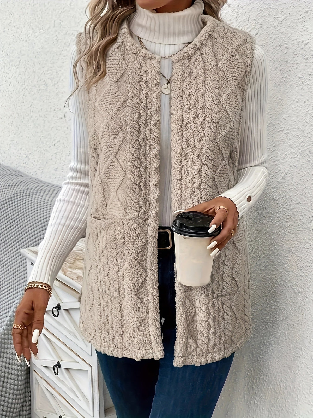 Longline Sleeveless Vest Textured Open Front