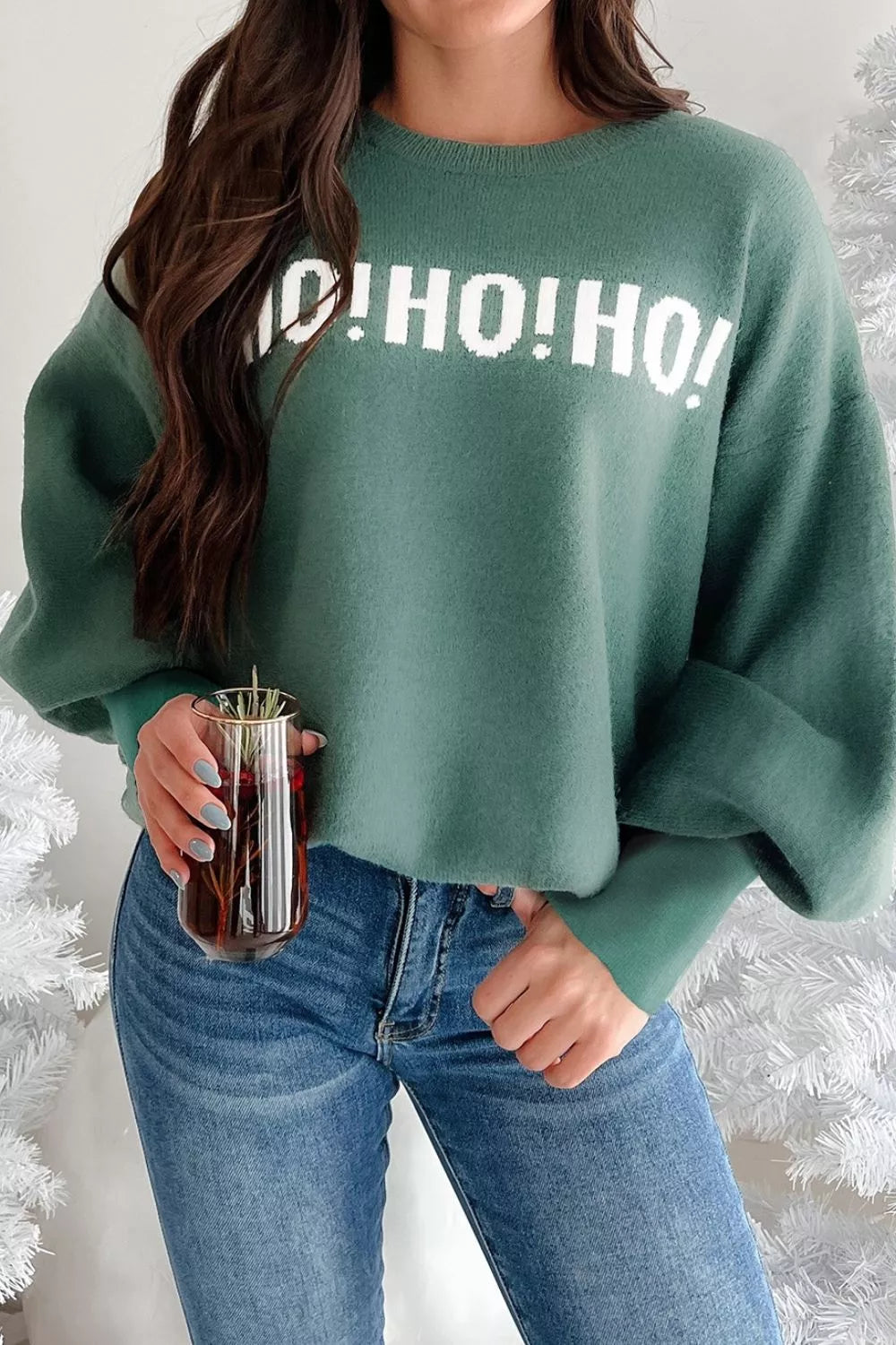 Festive graphic long-sleeve sweater in air force blue, front view