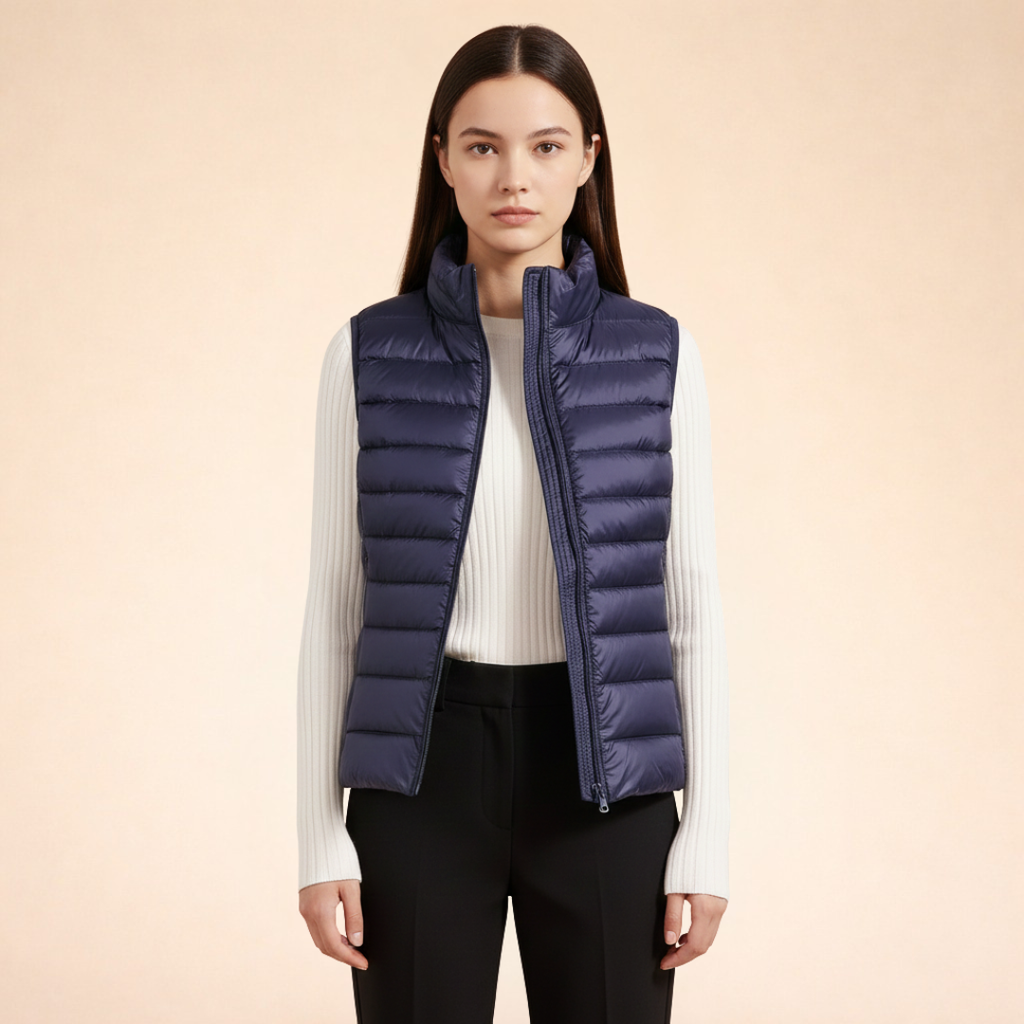 Ultralight quilted down gilet in black, front view