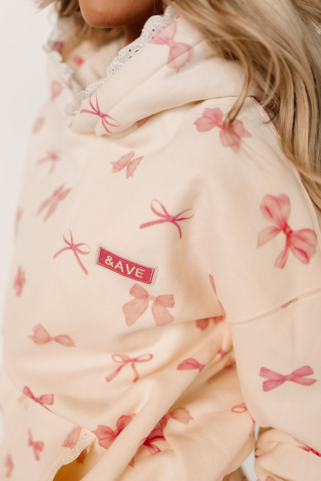 Hoodie Fleece Lined Lace Trim Pink