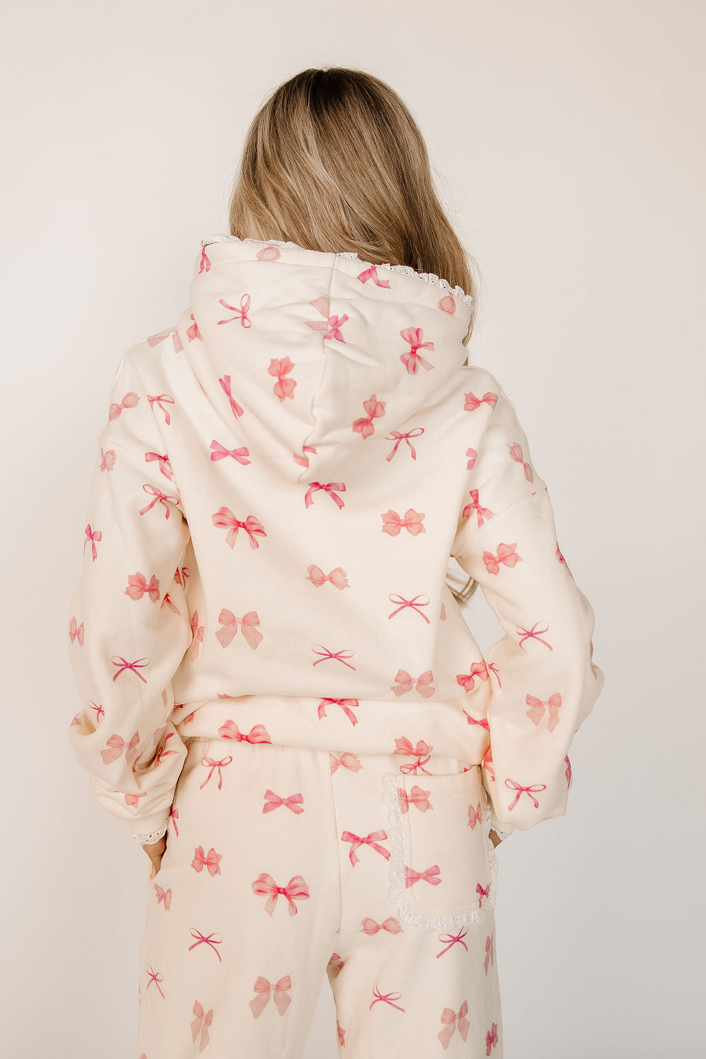 Hoodie Fleece Lined Lace Trim Pink