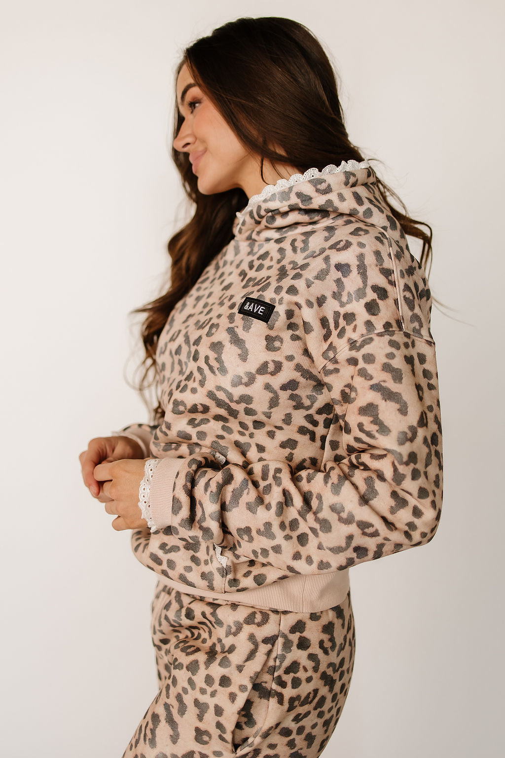 Hoodie Fleece Lined Leopard Lace Detail