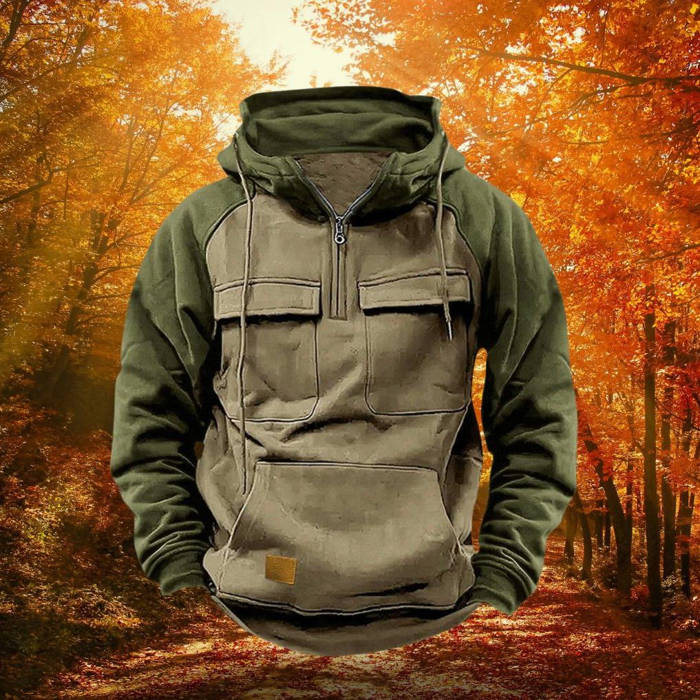 Colour Block Hoodie Quarter Zip Cotton Blend