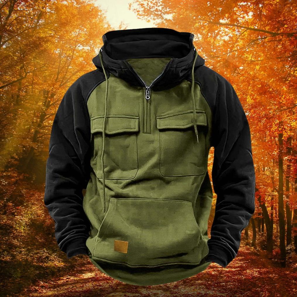 Colour Block Hoodie Quarter Zip Cotton Blend