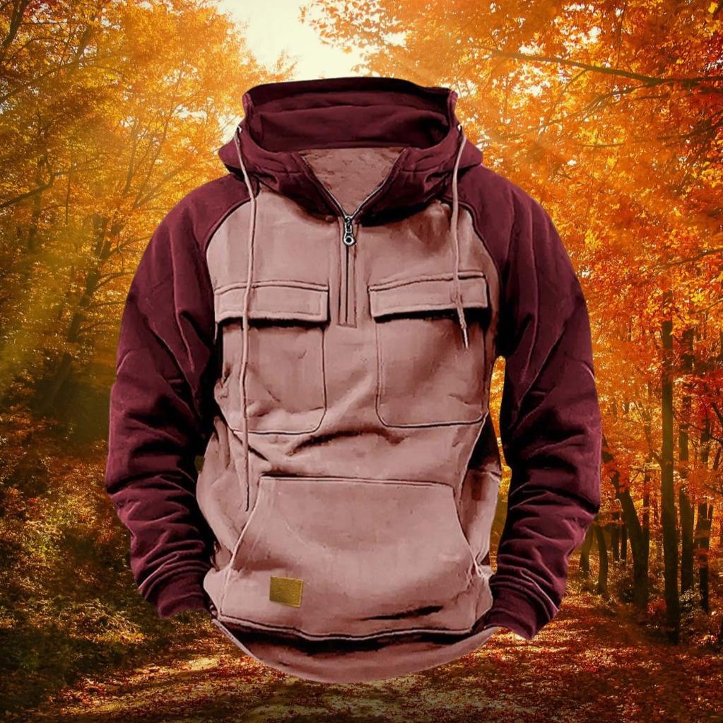 Colour Block Hoodie Quarter Zip Cotton Blend