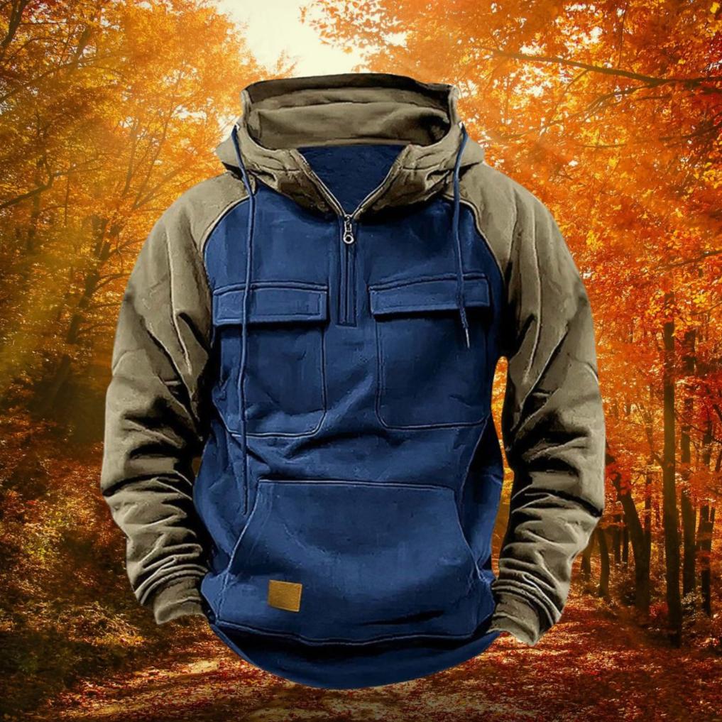Colour Block Hoodie Quarter Zip Cotton Blend