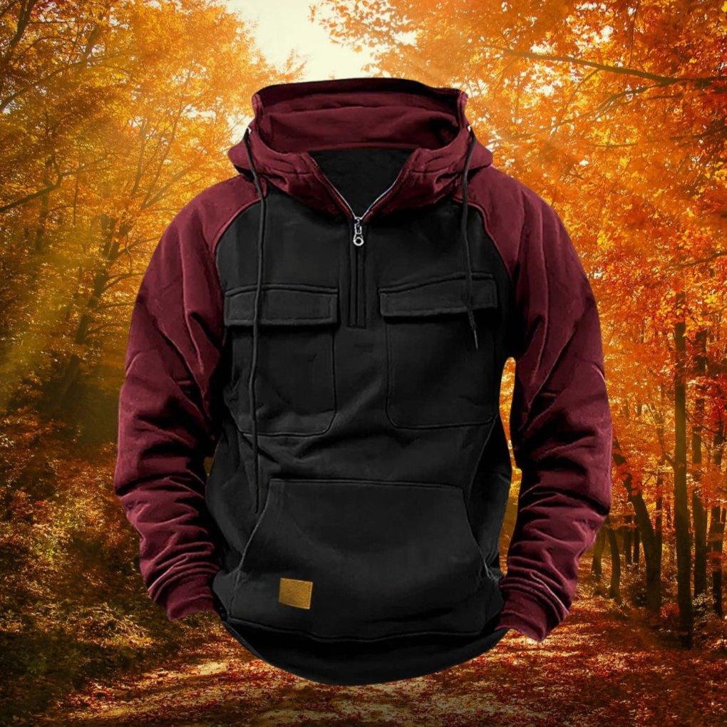 Colour Block Hoodie Quarter Zip Cotton Blend