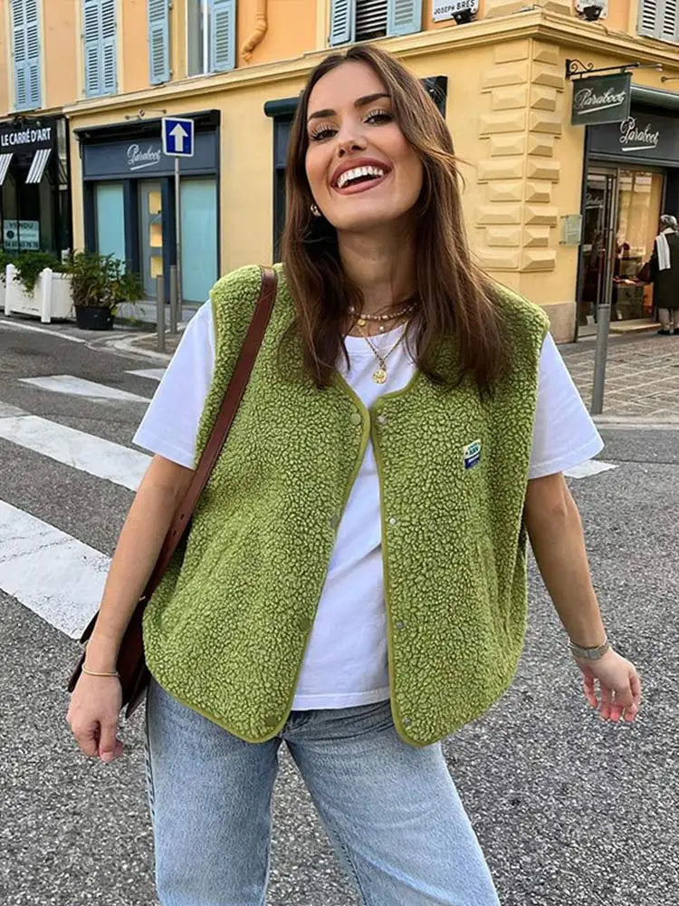 Sherpa Fleece Vest Snap Front