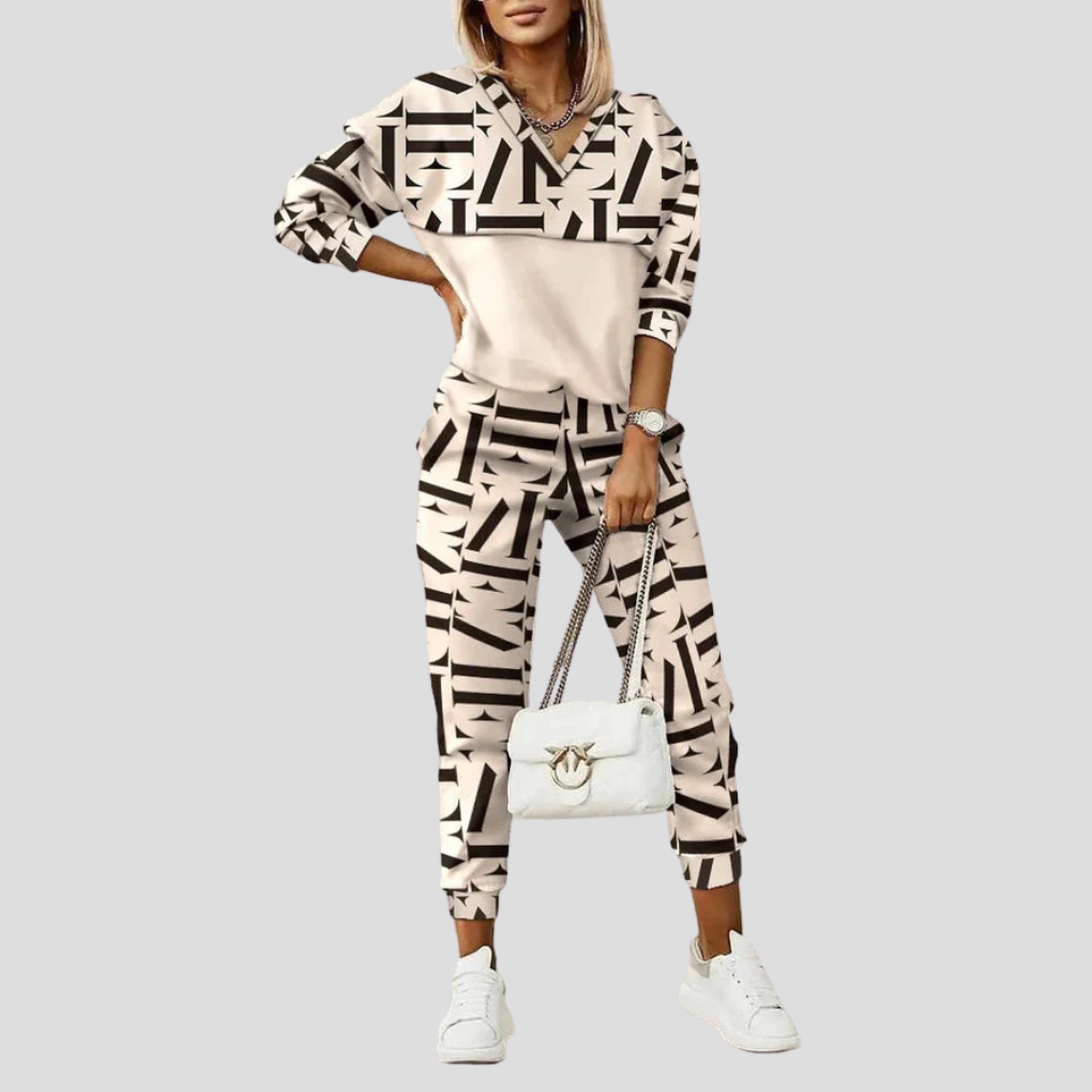 Stylish two-piece tracksuit in beige, front view