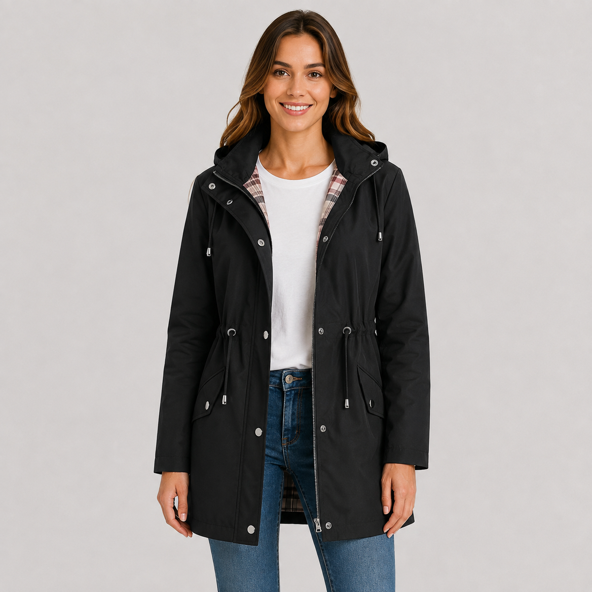 Lightweight Hooded Jacket Cinched Waist