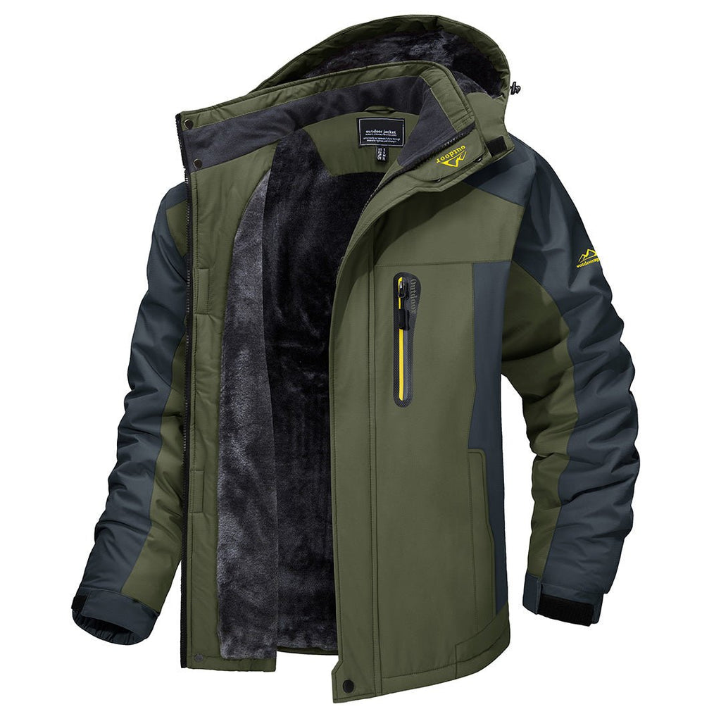 Waterproof fleece-lined hooded outdoor jacket in green, front view