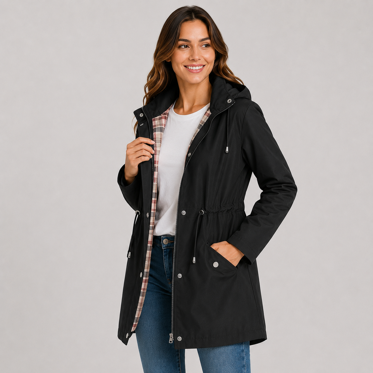 Lightweight Hooded Jacket Cinched Waist