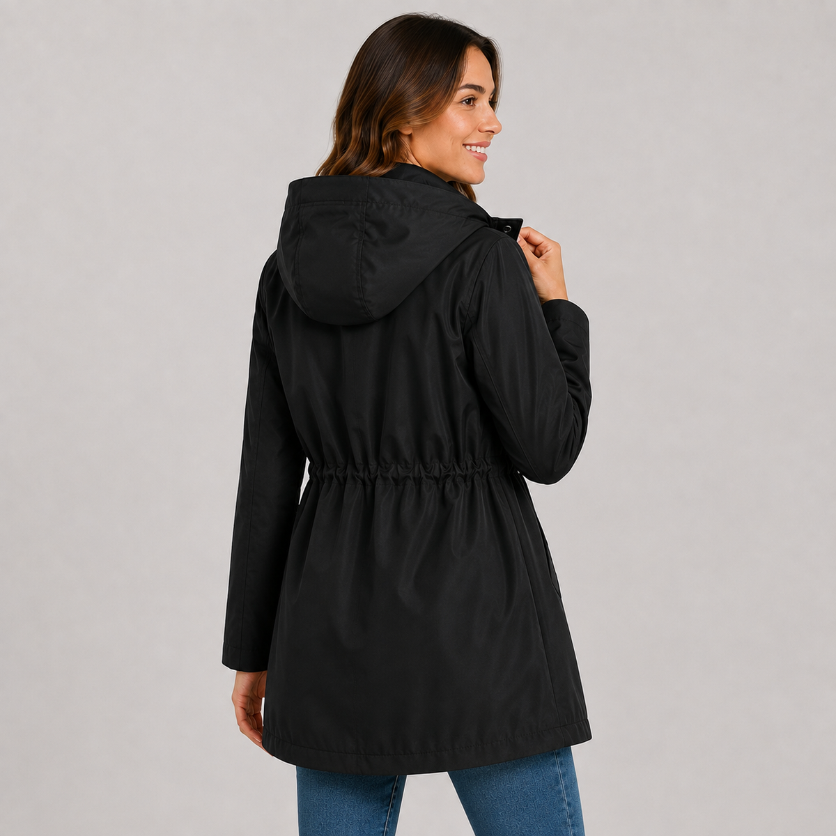 Lightweight Hooded Jacket Cinched Waist